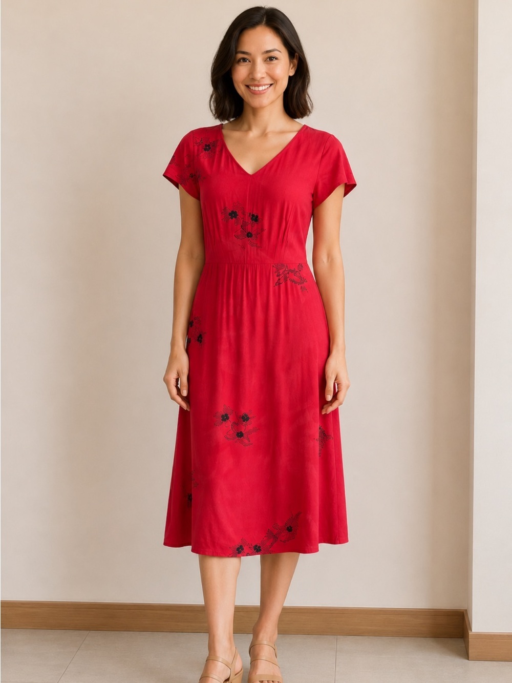 Caribbean Joe Red Short Sleeve Midi Dress